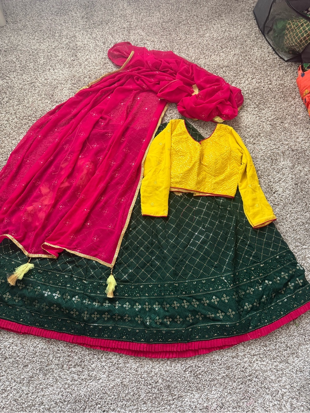 Ethnic Indian Wear Girls Lehenga Choli Set in Fuchsia, Yellow & Dark Green